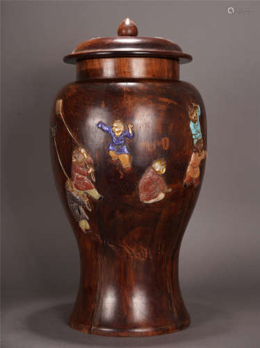 A CHINESE ROSEWOOD INLAID BOYS PLAYING PATTERN TEA CANISTER