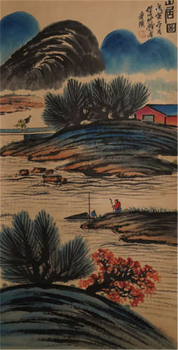 A CHINESE VERTICAL SCROLL OF PAINTING HOUSE IN MOUNTAIN AND BESIDE RIVER BY QI BAISHI