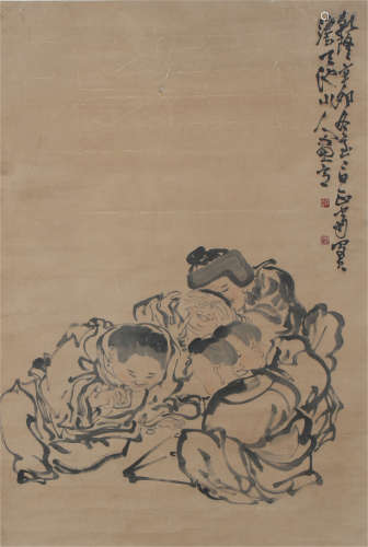 A CHINESE SCROLL PAINTING OF BOYS PLAYING GAMES