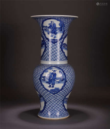 A CHINESE BLUE ABD WHITE PORCELAIN FIGURE AND STORY PHOENIX TAIL ZUN VASE