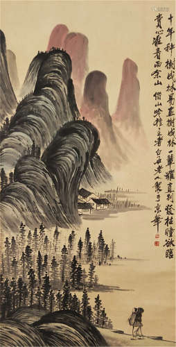 A CHINESE VERTICAL SCROLL OF PAINTING WOODCUTTER IN MOUNTAIN STREAM BY QI BAISHI