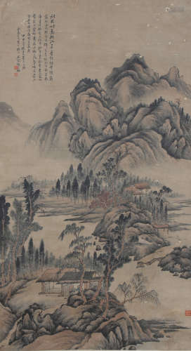 A CHINESE SCROLL PAINTING OF HOUSE UNDER MOUNTAIN