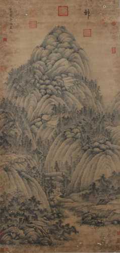 A CHINESE SCROLL PAINTING OF MOUNTAIN BY GUOXI