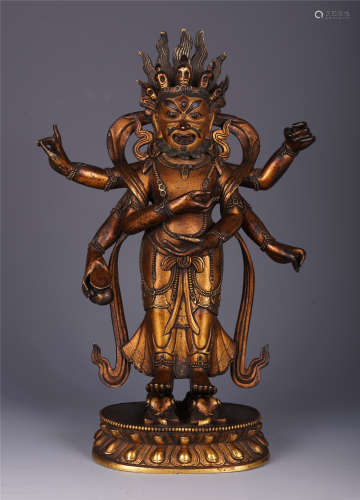 TIBETAN GILT BRONZE BUDDHIST GUARDIAN STANDING STUATUE