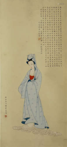 A CHINESE SCROLL PAINTING OF GUANYIN STANDING PORTRAIT BY WU QINGXIA