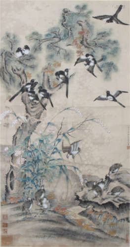 A CHINESE VERTICAL SCROLL PAINTING OF BIRDS AND FLOWER BY WANG RUOSHUI