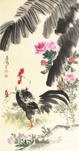 A CHINESE SCROLL OF PAINTING PEONY AND COCK BY WNAG XUETAO