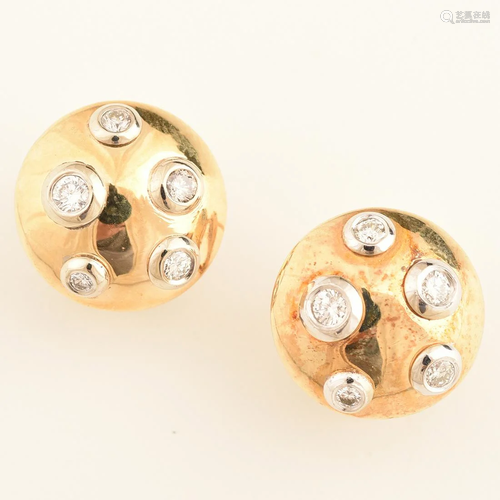 Pair of Diamond, 14k Yellow Gold Earrings.