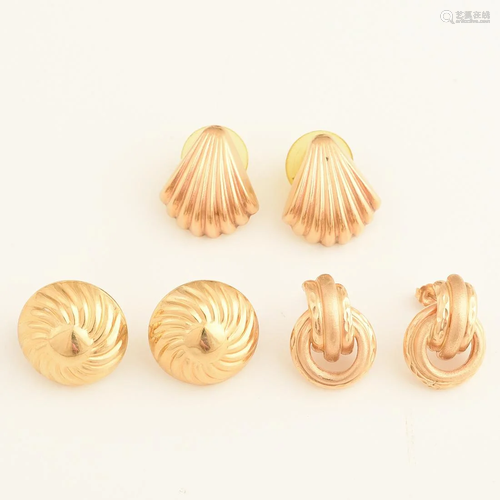 Collection of Three Pairs of 14k Yellow Gold Earrings.