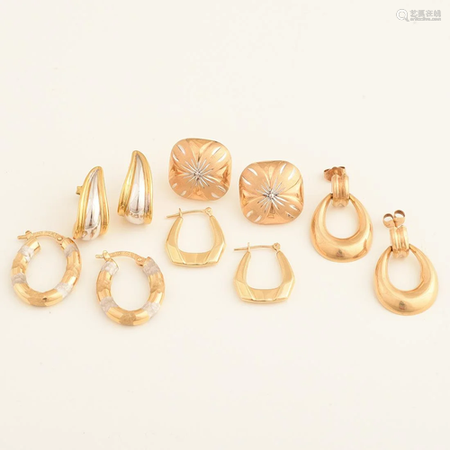 Collection of Five Pairs of 14k Yellow and White Gold