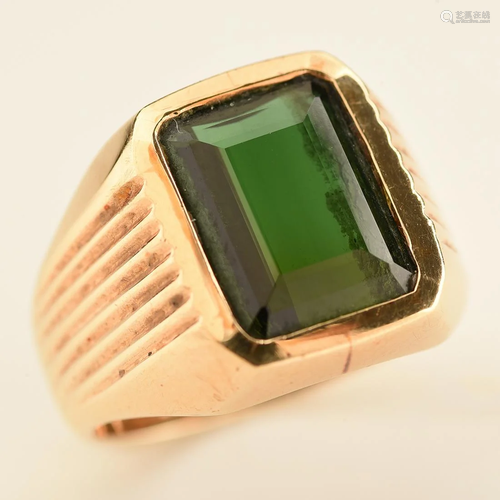 Men's Green Tourmaline, 14k Yellow Gold Ring.