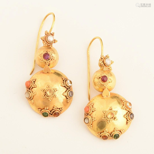 Pair of Multi-Stone, 18k Yellow Gold Earrings.