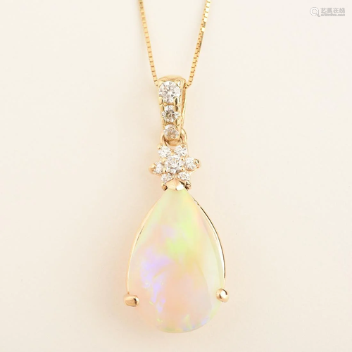 Opal, Diamond, Yellow Gold Pendant Necklace.