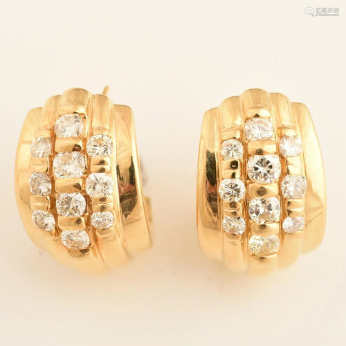 Pair of Diamond, 18k Yellow Gold Earrings.