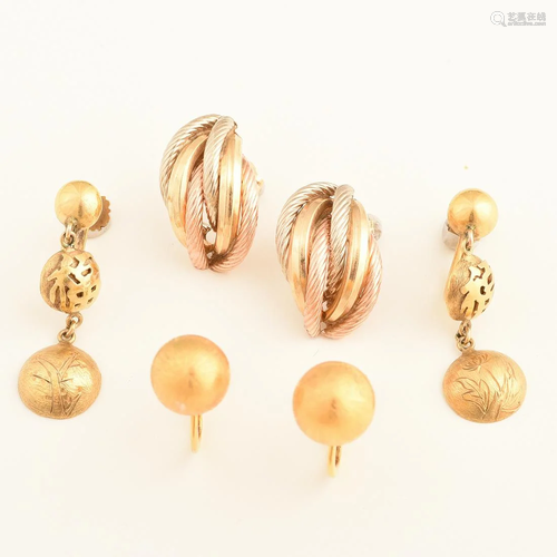 Collection of Three Pairs of 14k Gold Earrings.