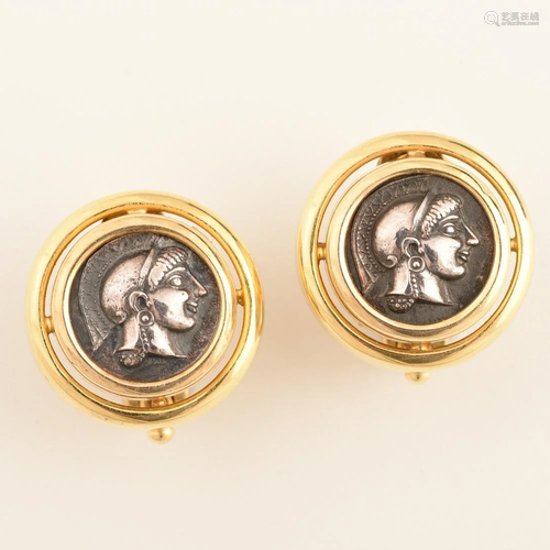 Pair of Coin Form, 18k Yellow Gold Earrings.