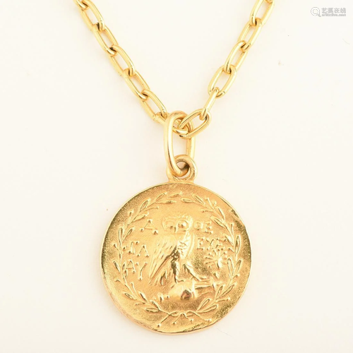 Greek Coin Form, 18k Yellow Gold Pendant Necklace.