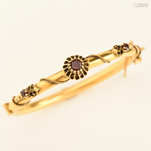 Reproduction Red Glass, 14k Yellow Gold Bracelet.