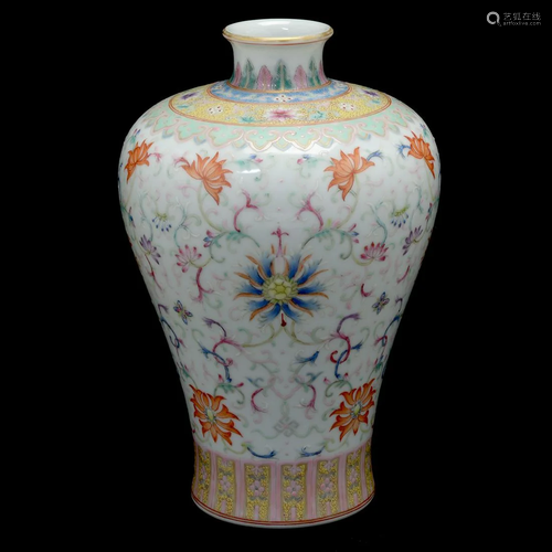 Chinese Enameled Famille Rose Lotus Meiping Vase.