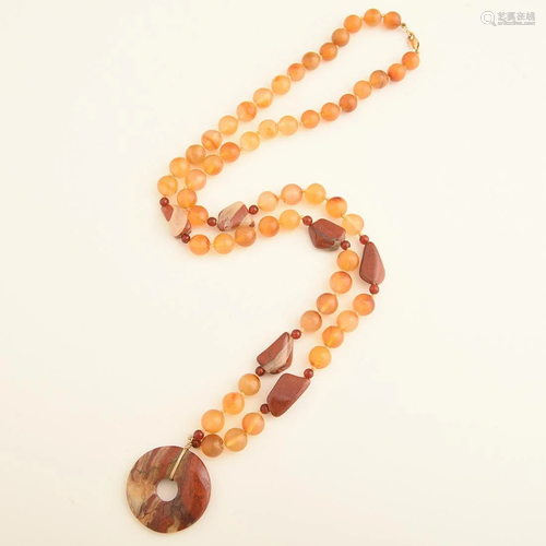 Agate, Jasper, 14k Yellow Gold Necklace.