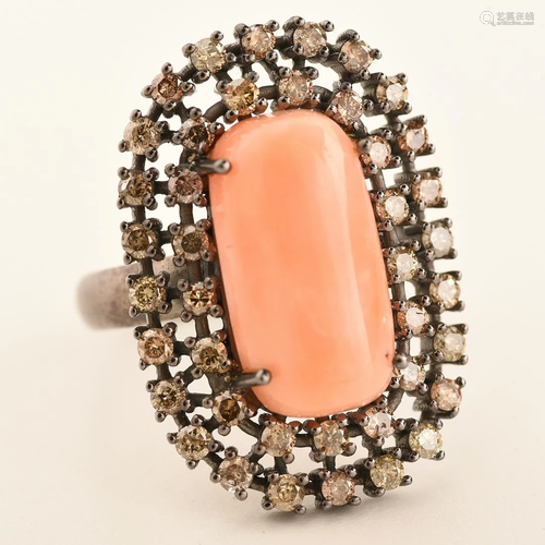 *Coral, Diamond, Sterling Silver Ring.