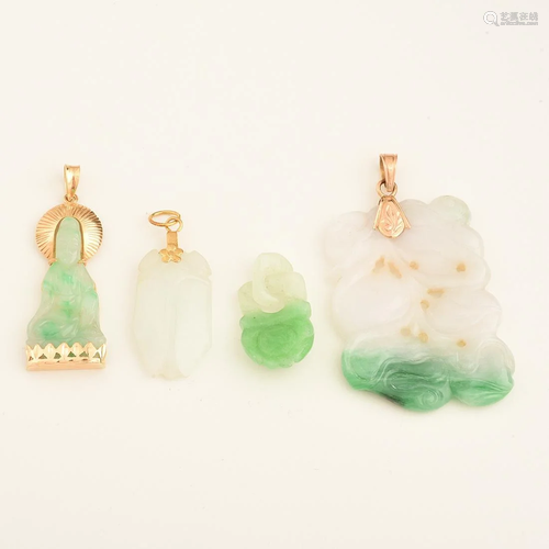 Collection of Four Jadeite Jade, Yellow Gold, Metal