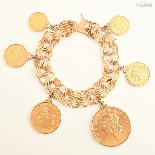 Gold Coin, 14k Yellow Gold Charm Bracelet.