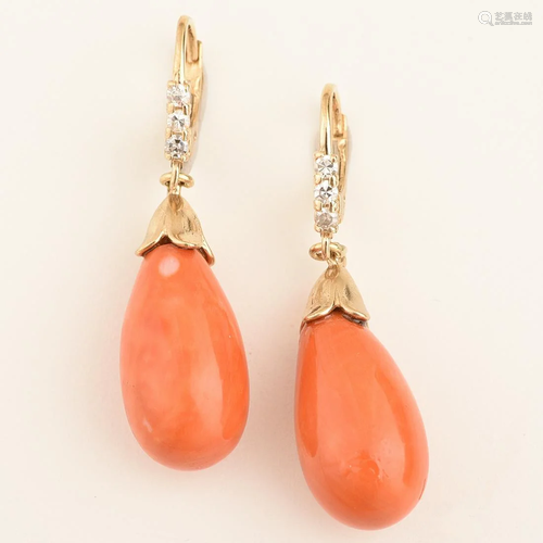 *Pair of Coral, Diamond, 14k Yellow Gold Ear…