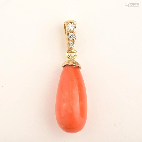 *Coral, Diamond, 14k Yellow Gold Pendant.