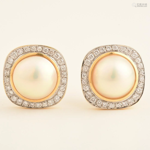 Pair of Mabe Cultured Pearl, Diamond, 14k Gold