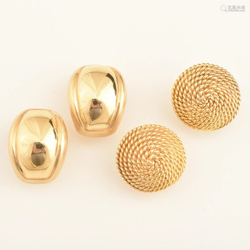 Collection of Two Pairs of 14k Yellow Gold Earrings.