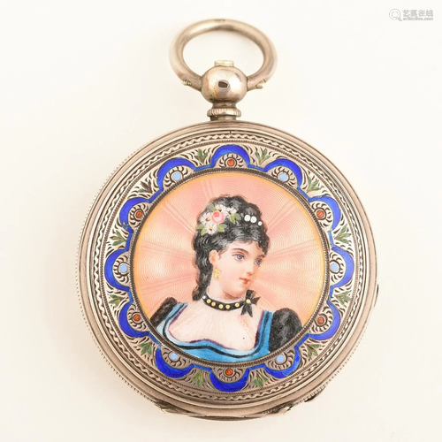 L. Vrard & Co. Enamel Portrait Miniature, Silver Pocket