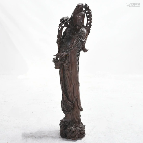 Carved Wood Statue of Standing Guanyin Carrying a