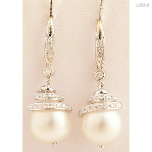 Pair of Cultured Pearl, Diamond, 14k White Gold Drop