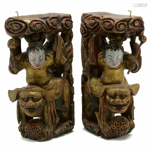 Pair of Chinese Carved Wood Temple Ornaments