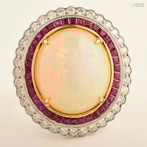 Opal, Ruby, Diamond, 14k Gold Ring.