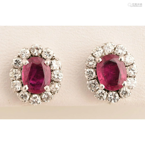 Pair of Ruby, Diamond, Palladium Stud Earrings.