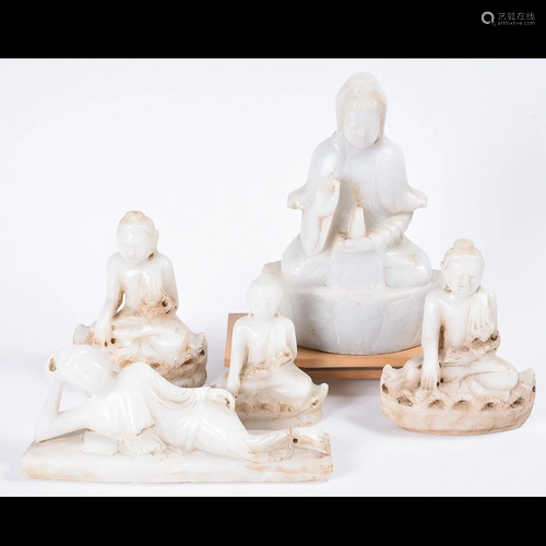 Group of Five Carved Burmese White Marble Bodhis…