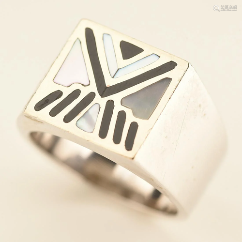 Men's Multi-Stone Inlay, 14k White Gold Ring.