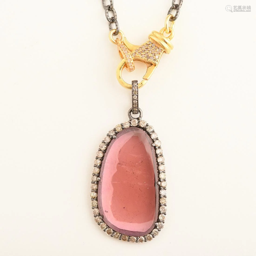 Pink Tourmaline, Diamond, Sterling Silver Pendant