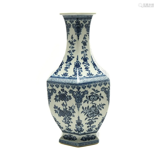 Large Chinese Blue and White Hexagonal Vase