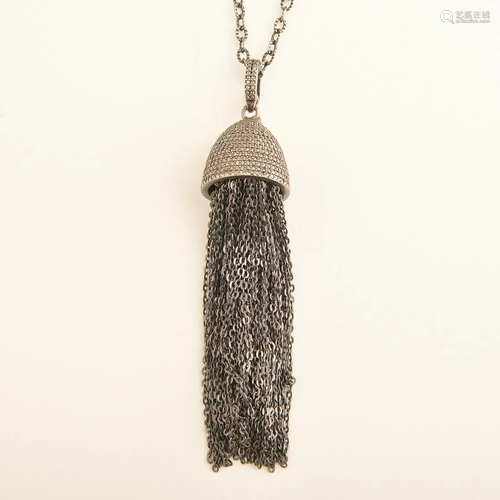 Diamond, Sterling Silver Tassel Pendant Necklace.