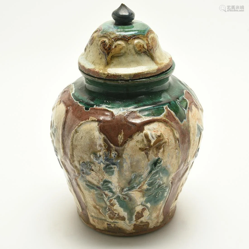 Chinese Polychrome Pottery Covered Jar