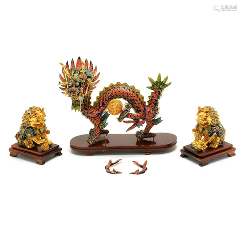 Three Chinese Filigree Enamel Sculpture of Dragon a…