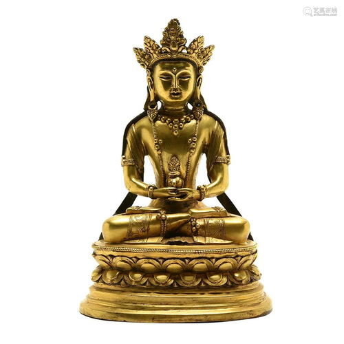 Sino-Tibetan Gilt Seated Buddha on Double Lotus Stand