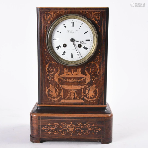 French Marquetry-Inlaid Rosewood* Mantle Clock.