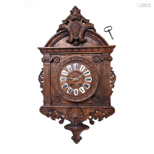 French Carved Walnut Wall-Mounted Clock.