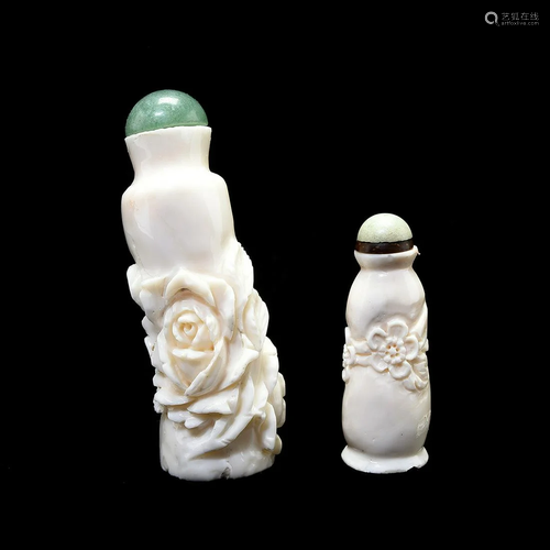 Two Chinese Carved Floral White Snuff Bottles.