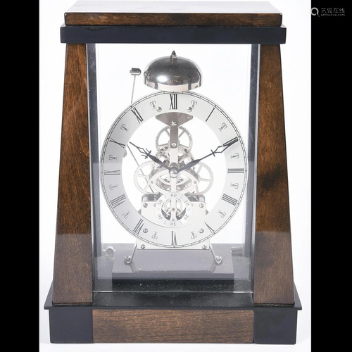 Skeleton Clock in Wood and Glass Case.