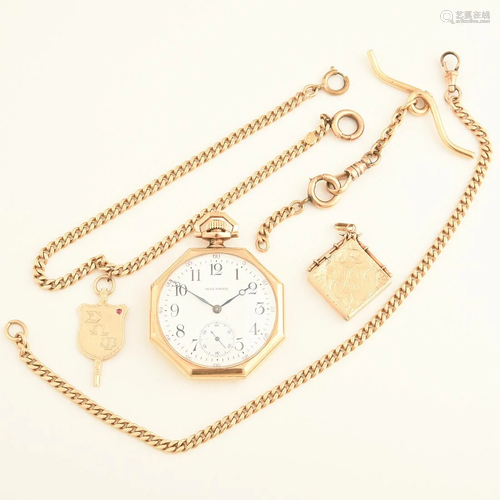 Waltham 14k Yellow Gold Pocket Watch with Chai…